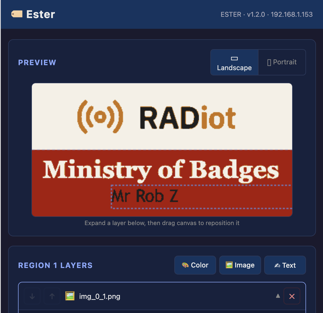 The ESTER browser editor showing a four-colour badge preview with landscape orientation, layers and colour / image / text tools